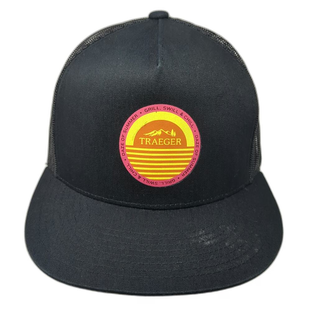 Traeger Trucker Hat Black One Size Mesh Back Snapback Sunset Daze Summer Grill